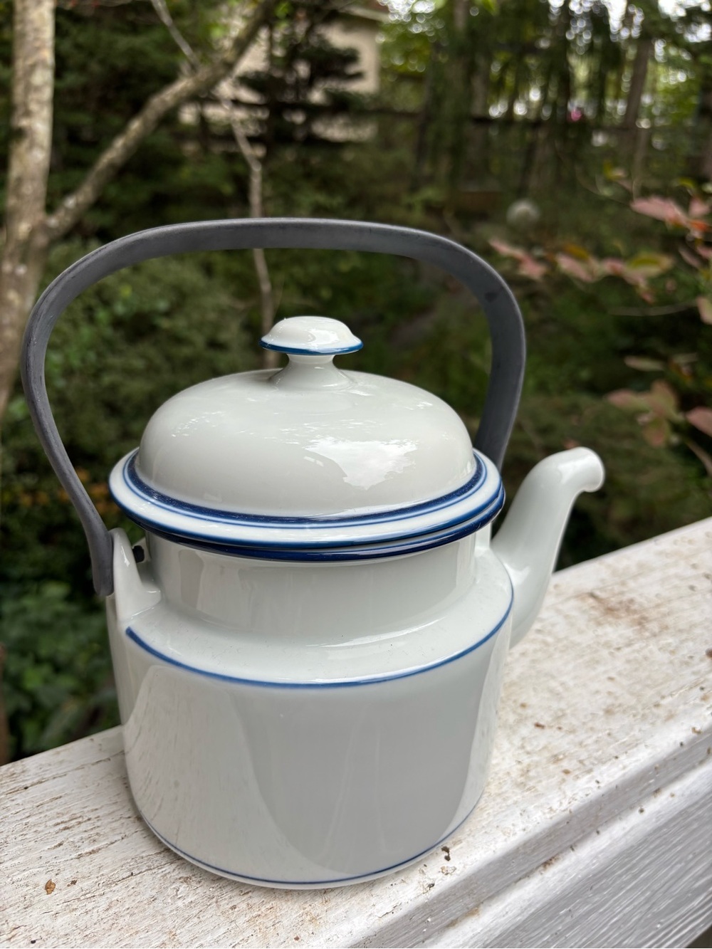 Dansk Bistro White Ceramic Teapot with Blue Trim and Gray Handle